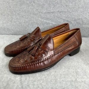 Men's Nordstrom Brown Leather Loafers Size 9M Woven Office Italian Slip On Italy
